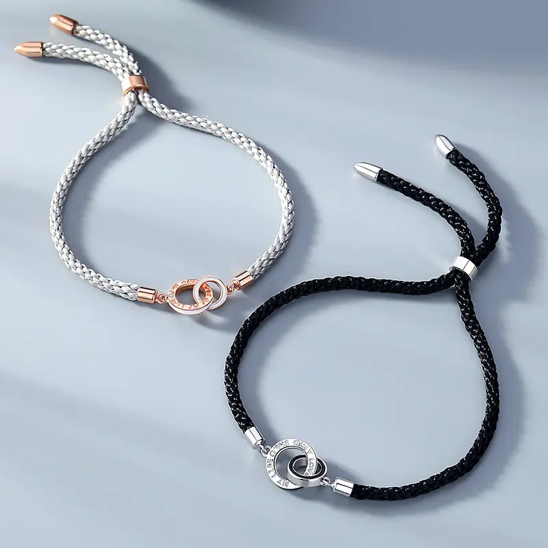 Bracelets en cuir tricoté pour amoureux, or Rose, argent sculpté, lettre Rome, Double boucle, Bracelet en argent Sterling 925