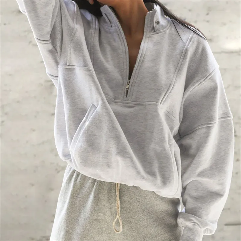 Sweat-shirt chaud en coton molletonné pour femme, haut court surdimensionné à col ras du cou avec fermeture éclair