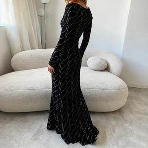 European American Style Elegant Rhinestone Print Long Sleeve Dress Sparkly Sequins U Neck Mermaid Hem Dress - Product Image 6