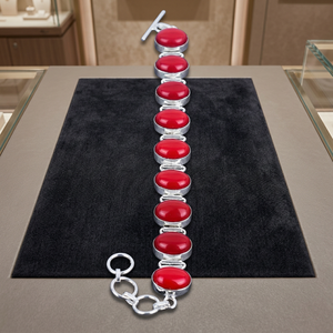 Pulsera de Cadena con Eslabones y Gema Ovalada de Coral Rojo Chapada en Plata de Aleación, Joyería Étnica Unisex de 7-8 Pulgadas, Regalo para Esposa, Cumpleaños - Product Image 3