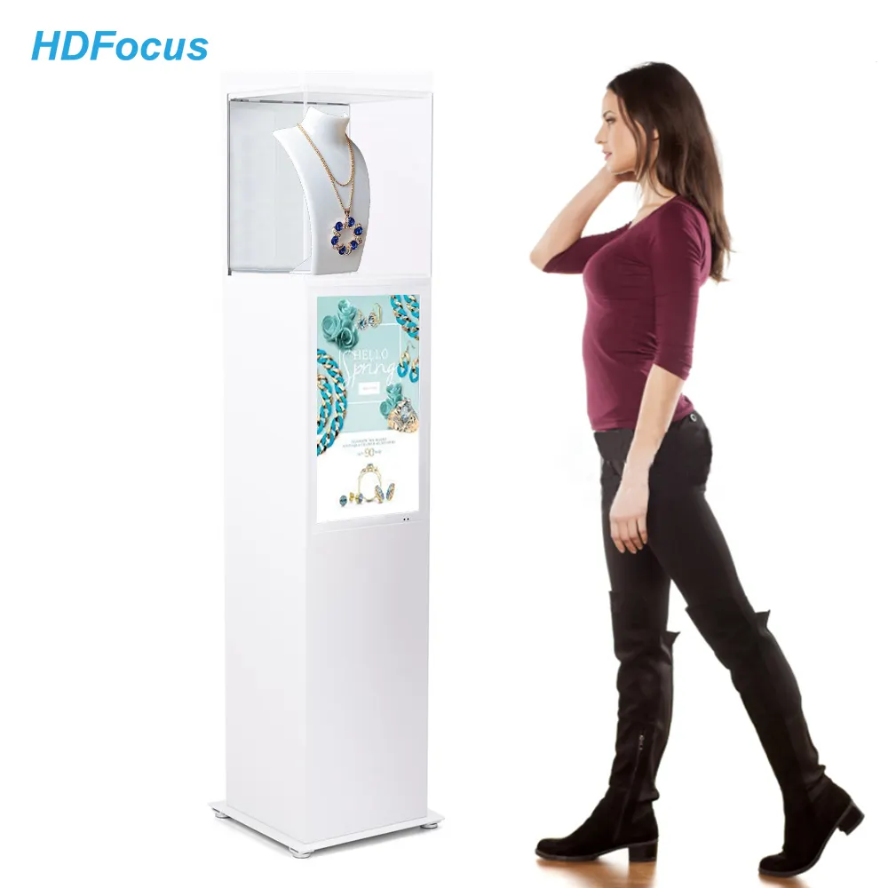 Exhibit Pedestal Luxury Jewelry Cabinet Shop Showcases With 21.5" Digital Signage And Displays Screen and Dimmable LED Lights