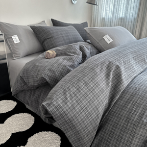Ensemble de literie en coton lavé toutes saisons - Élégant motif à carreaux gris, collection de housse de <span class=keywords><strong>couette</strong></span> minimaliste 4 pièces - Product Image 2