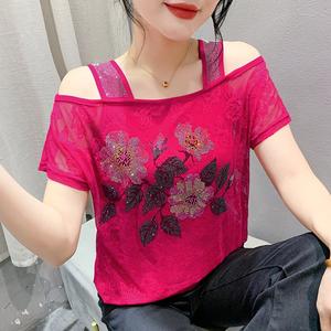Coloré Floral Femmes T-<span class=keywords><strong>shirt</strong></span> Double Couches Glace Soie <span class=keywords><strong>Gaze</strong></span> À Manches Courtes Strass Fleur Dentelle <span class=keywords><strong>Tee</strong></span> Tops Vêtements <span class=keywords><strong>De</strong></span> Fête - Product Image 1