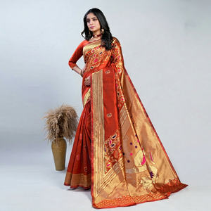 Orange Silk Saree With <b>Gold</b> Zari Border And Floral Motifs For Wedding And Festival Wear Women Traditional Indian Ethnic - Product Image 1
