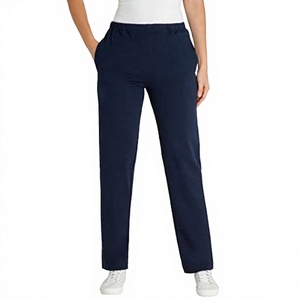 Pantalon en coton bleu marine pour femme, coupe droite, taille mi-haute, fermeture élastique, longueur complète, style décontracté, couleur unie, poches - Product Image 3