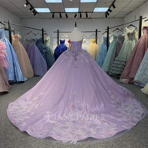 ชุดราตรีงาน Quinceanera ผ้าชีฟองประดับเลื่อมสีเขียว รุ่น DY1385 คอวี แขนยาว ผ้าฝ้าย 100% สำหรับงานพรอม - Product Image 6