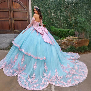 LY-QD0051 Abito da ballo vintage da ragazza con corsetto in pizzo, fiori 3D, ricami di <span class=keywords><strong>paillettes</strong></span> e <span class=keywords><strong>gonna</strong></span> da principessa, per Quinceañera (15 anni) - Product Image 4