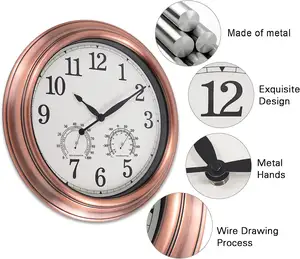 16 inch Outdoor Antique Wall Clock Metal impermeável relógio de parede com temperatura e umidade redonda silenciosa grande relógio retro