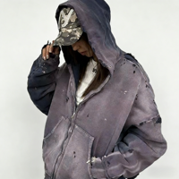 Sweat à capuche zippé violet dégradé pour homme, effet vieilli, déchiré, éclaboussures de peinture, bords bruts, coupe oversize, streetwear, vente en gros, étiquette personnalisée
