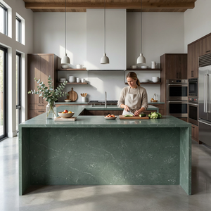 Plan de travail en quartz artificiel vert émeraude de taille jumbo sur mesure 3200x1600mm pour comptoir de réception commercial - Product Image 5