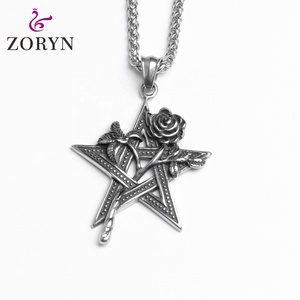 Colliers pendentifs personnalisés en acier inoxydable pentagramme rose étanches, bijoux de mode gothique punk vintage en acier titane pour hommes - Product Image 1