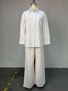 Witte 2-delige damesset - Langarm overhemd met knopen & wijde broek - Afrikaanse kleding Sehe Fashion - Product Image 4