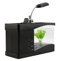 Aquarium rétro-transparent USB, Mini Aquarium de bureau, avec écran LCD lumineux et horloge, décoration de réservoir de poissons avec galets