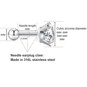 Boucles d'oreilles en acier inoxydable 316 avec une seule pierre précieuse en zircon et un dos à visser rond pour un usage unisexe - Product Image 2