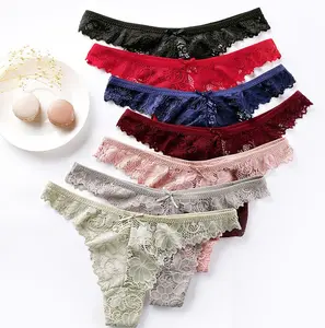 911 Comfortable Cotton Crotch Breathable Low Waist Women Pure Desire Sexy Transparent Sheer Lace Thong Underwear 7 pieces