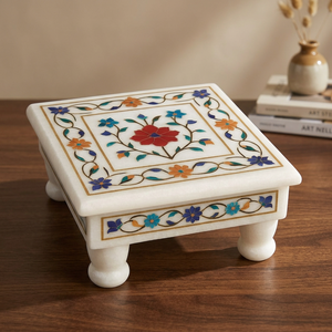 Mandir Floral Rectangular Decorativo de Mármol Blanco Ecológico Hecho a Mano con Incrustaciones Art Deco para Diwali, con Soporte de Suelo para Mesa de Puja - Product Image 2