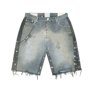 Áo khoác và quần short denim cũ, may thêu chữ tùy chỉnh OEM, chất liệu vải canvas cotton, đính đá, kiểu vintage, đã qua xử lý làm cũ dành cho nam - Product Image 3