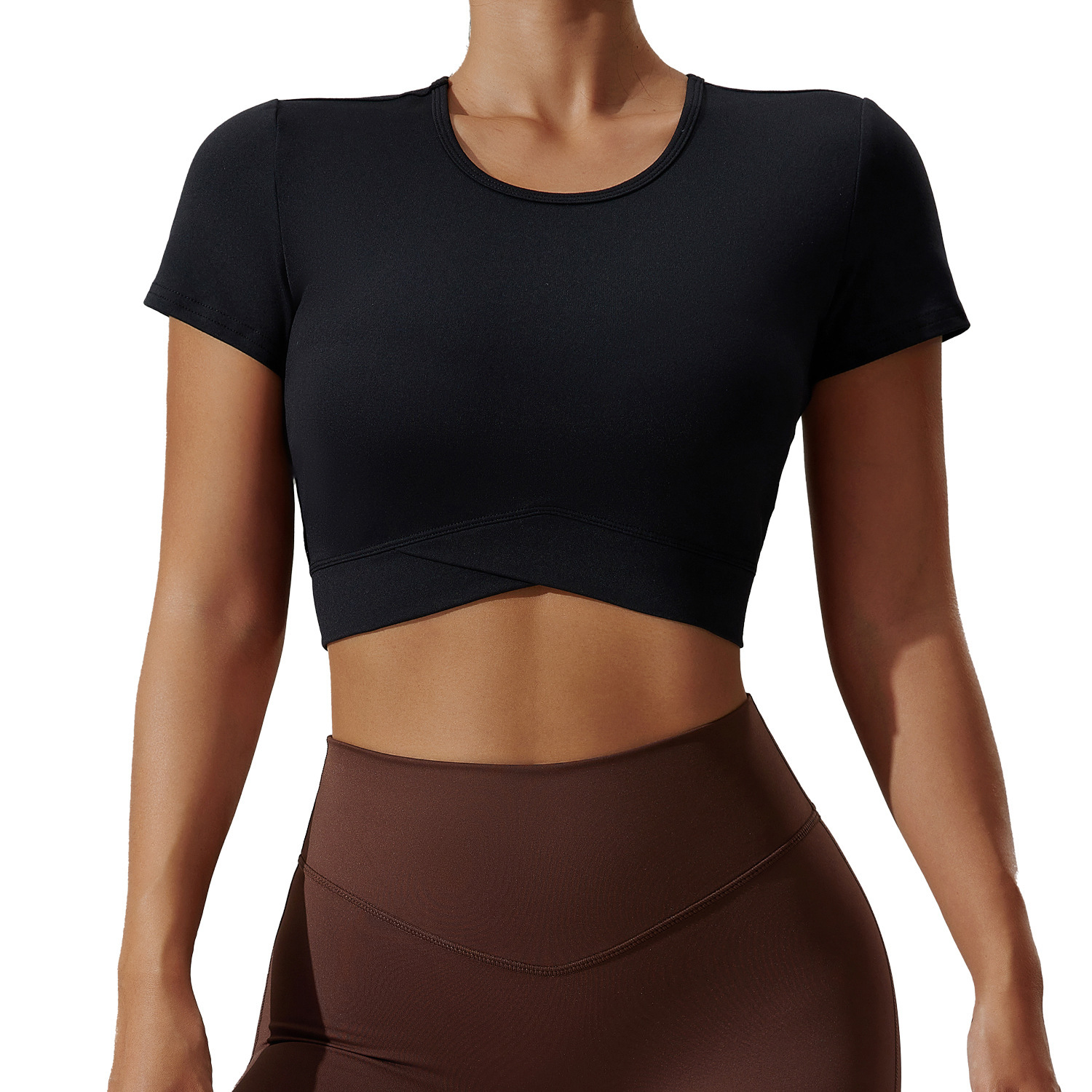 Women's Summer Sexy Navel Neck Fitness Wear Lightweight New Yoga T-Shirt High Elastic Breathable Short Sleeve Front Cross-Front