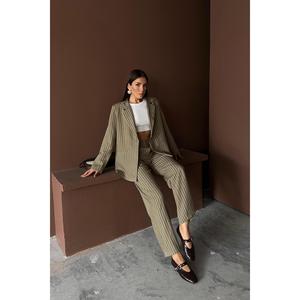 Ensemble veste et pantalon rayés kaki pour femmes, ensembles de costumes en gros - Product Image 4