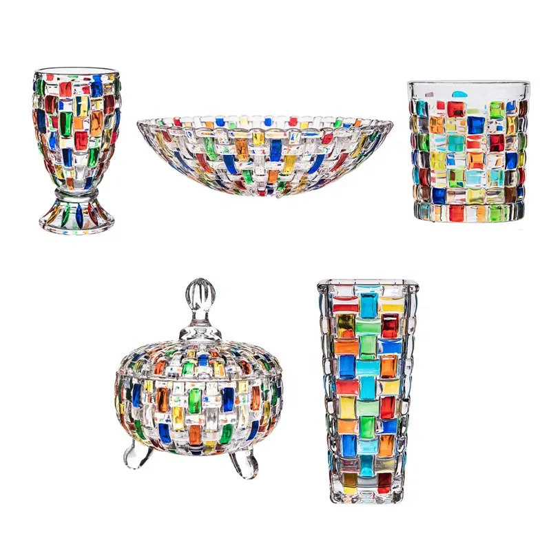 Europea colored crystal glass candy jar plate vase juice whiskey glass set weave hand painted colorful luxury glassware