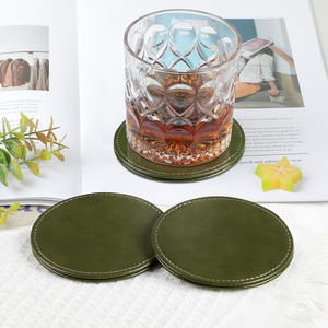 Juego de Posavasos Redondos de Cuero Sintético Verde con Logotipo Personalizado, Posavasos de Cuero PU <span class=keywords><strong>para</strong></span> Té, Cerveza, Café y Bebidas con Soporte - Product Image 5