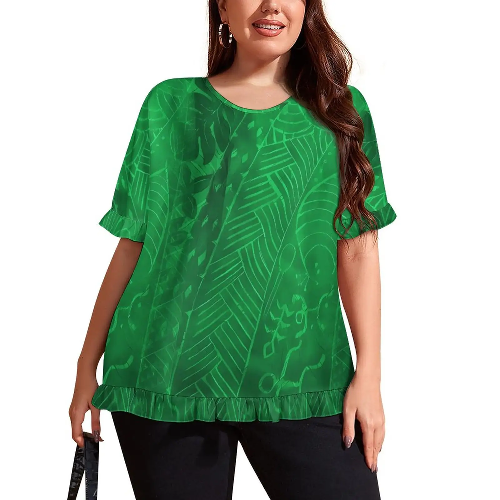 New Chiffon Lace Manga Curta T-shirt Tie Dye Polynesian Design Moda Casual Plus-size All-match Ladies Top