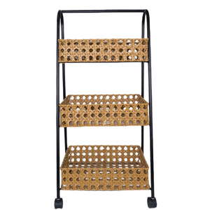 Nordic style wrought iron rattan-look <b>kitchen</b> and bathroom <b>storage</b> rack, metal woven bedroom wheeled trolley - Product Image 2