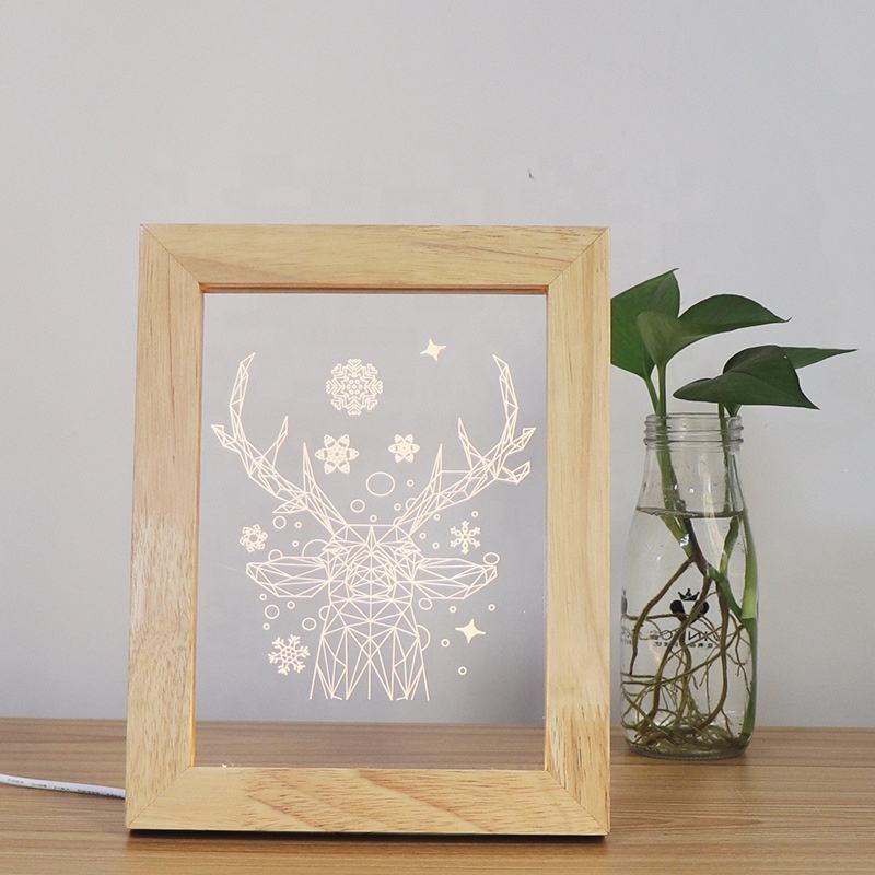 Marco De Fotos LED Brillante Con Luz Cálida USB De Madera Creativa