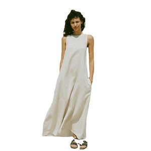 Women's Vintage Solid <b>Summer</b> Minimalist <b>Linen</b>/Cotton Midi Tank <b>Dress</b> ODM Natural Waist French Loose O-Neck Elegant Beach Wear - Product Image 1