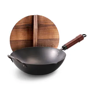 Wok chinois en acier au carbone, Wok chinois, robuste, en acier noir, avec une aide et manche en bois, couvercle en bois, livraison gratuite