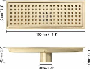 Drain de douche en or brossé 12x4 pouces avec grille et filtre à cheveux amovible en acier inoxydable 304 pour salle de bain - Product Image 6
