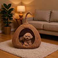Nid pour chat en rotin tressé lavable, semi-fermé, design respirant pour toutes les saisons, été, aucune installation requise