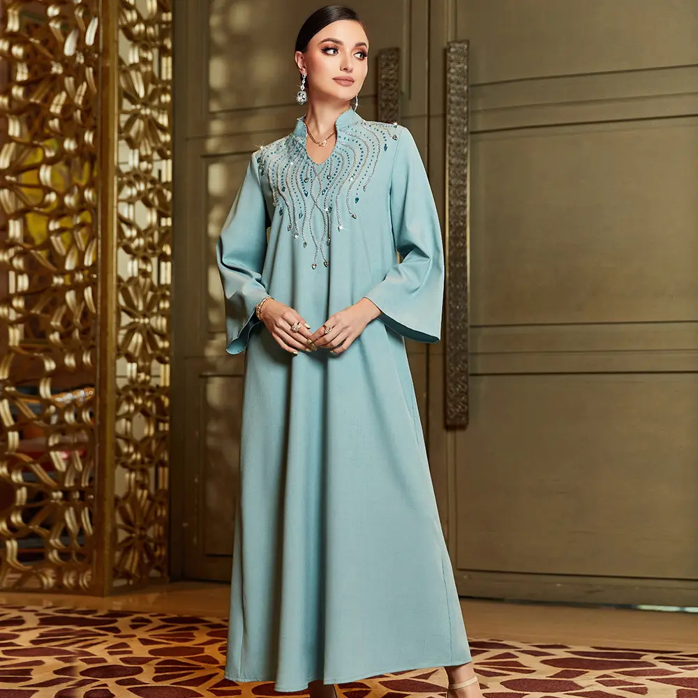 Borduurwerk Remandan Eid Mubarak Top Mode Blauwe Jubah Moslim Bescheiden Bruidsmeisje Vrouwen Avondjurk