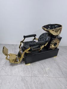<b>Portable</b> Ceramic Basin Stainless Steel Gold Shampoo <b>Bed</b> Semi-reclining Shampoo Chair with Adjustable Footrest for Barber Shop - Product Image 2