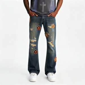 Pantalon en jean évasé vintage à motifs floraux, avec poches latérales fonctionnelles, pour un style Hip Hop, High Street, Punk, au quotidien - Product Image 3