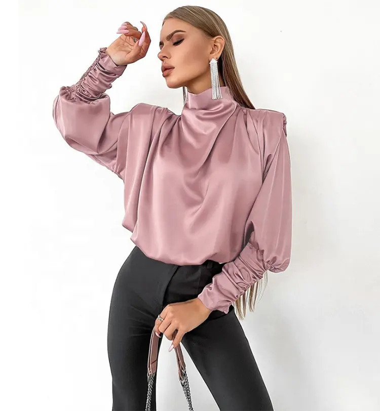 Fashionable Turtle Neck Lantern Sleeve Silky Female Blouse Shoulder Pads Frill Satin Ladies Shirts Elegant Loose Pink Woman Tops