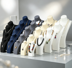 Présentoir à bijoux en tissu floqué, buste de mannequin couleur unie pour rangement de collection de bijoux à domicile - Product Image 6