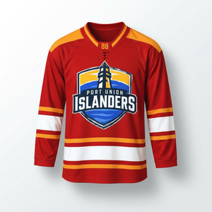 Maillot de hockey sur glace rouge cramoisi avec accent doré sur les épaules, rayures blanches, uniforme d'équipe, maillot de match respirant et lourd, pour entraînement - Product Image 1