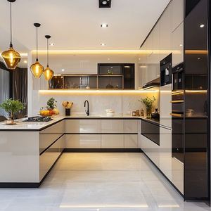 Mueble de <span class=keywords><strong>Cocina</strong></span> Modular en Forma de U de Lujo, Juego de Fregadero con Encimera de Mármol, Acabado Lacado Brillante, Personalizable, Ecológico, Diseño Moderno para el Hogar - Product Image 4
