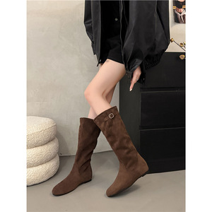 Vintage của phụ nữ mùa thu mùa đông cao đến đầu gối khởi động mới dài đống rắn trượt trên đáy phẳng phong cách cao bồi Phương Tây tăng chiều cao bên trong - Product Image 4