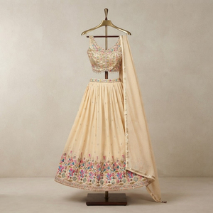 Women Designer Beige Embroidered Sleeveless <b>Lehenga</b> Choli with Flared <b>Skirt</b> and Matching Dupatta Set Indian Ethnic Party Wear - Product Image 1