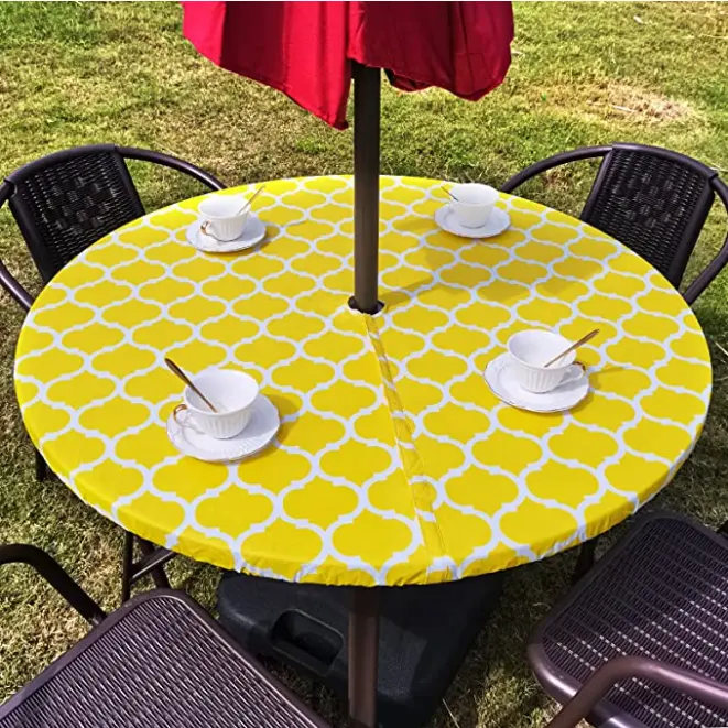 Nappe de Table ronde en vinyle avec trou de parapluie, couverture de Table avec huile de support en flanelle et bord élastique Vibrant essuyable imperméable