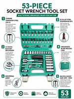 Kit de clés à douille multifonctionnel 53 pièces, en acier CRV durable, pour la réparation automobile et domestique
