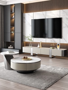 קל יוקרתי מודרני יוקרתי נירוסטה שילוב שולחן קפה ארון טלוויזיה סלון פינות מעוגלות גודל חדש - Product Image 4
