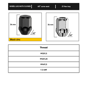 Écrou de roue de marque italienne fiable fermé siège conique à 60 degrés 21 clé hexagonale M12X1.50 D8-Znni de zinc noir avec revêtement de qualité supérieure - Product Image 2