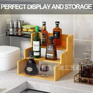 Estante de madera para botellas de whisky, organizador de escritorio de 3 niveles para exhibir vino y especias en el hogar o bar. - Product Image 5