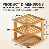 Étagère d'angle en bambou à 3 niveaux avec porte-assiettes à lattes, personnalisable avec logo OEM, pour rangement de comptoir de cuisine - Vente en gros