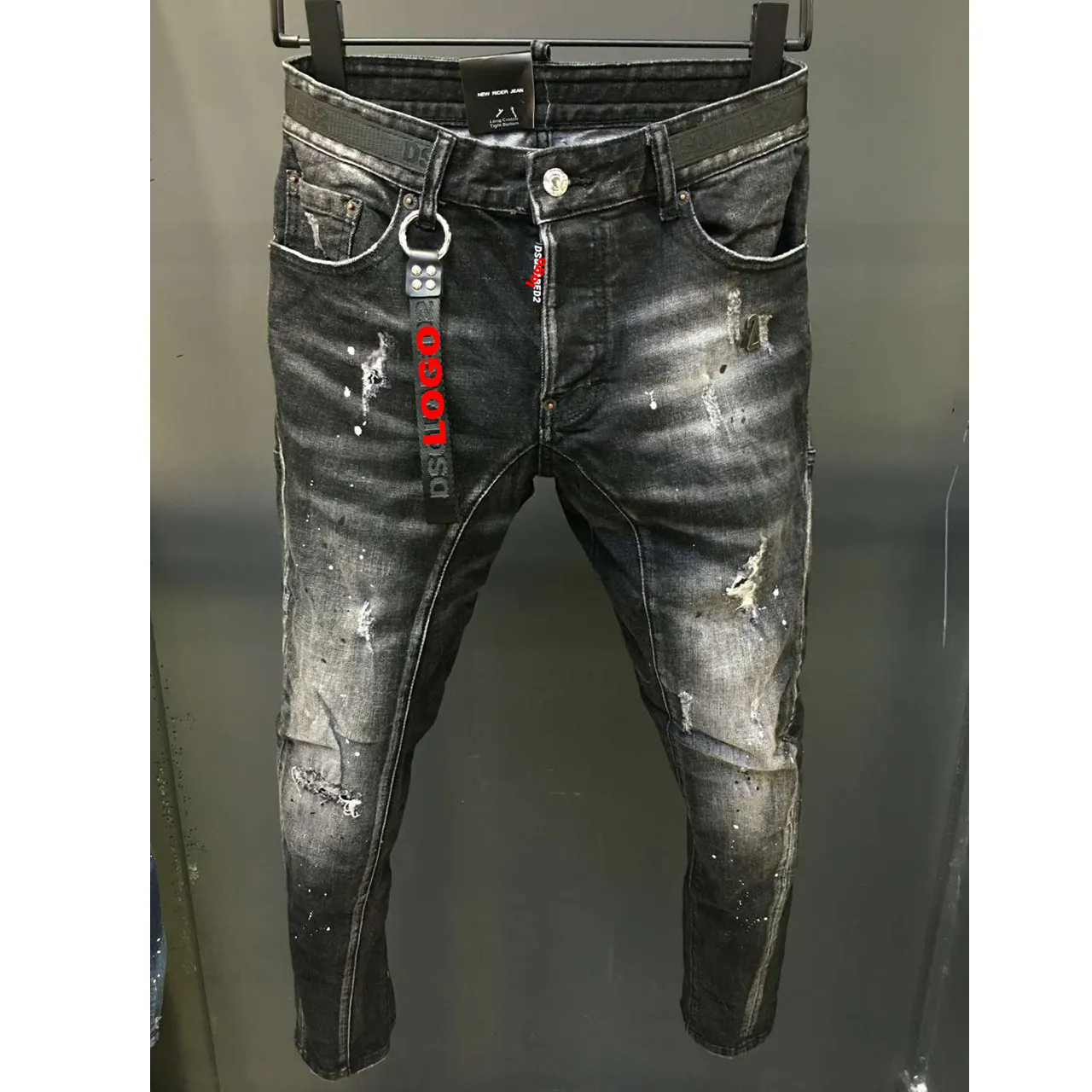 2023 spring hole patch mid-waist button D2 jeans men's micro elastic wash fashion slim trend men's pants