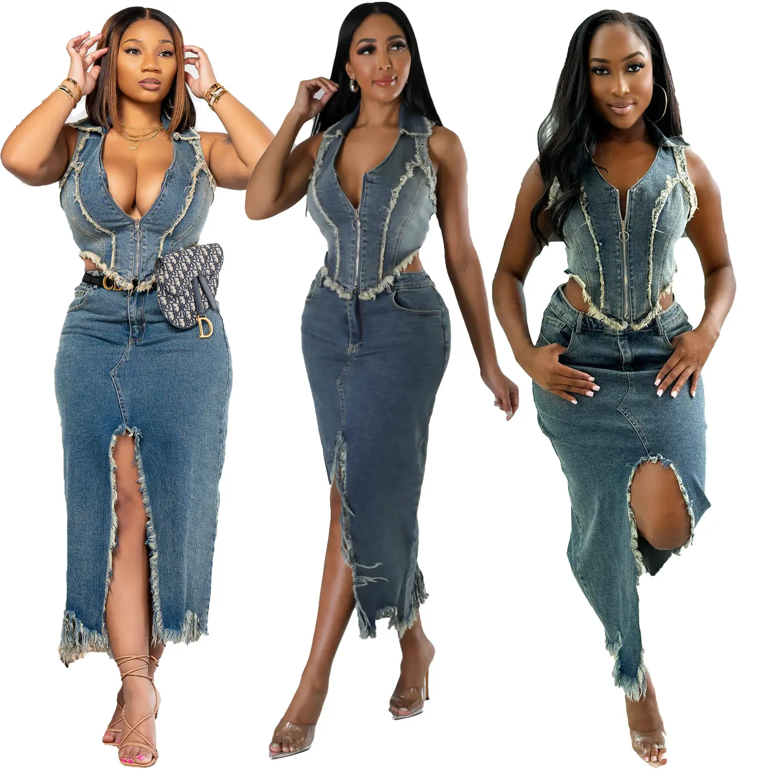 Hoge Kwaliteit Zomer Producten Denim Vest En Denim Rok 2 Delige Set Vrouwen Stretch Jean Rok Dames Kleding Set