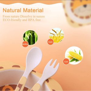 Ensemble de vaisselle pour enfants fibre de bambou naturelle ensemble de 5 pièces avec plaque bol tasse cuillère fourchette sans BPA lavable au lave-vaisselle dessin animé Design <span class=keywords><strong>Lion</strong></span> - Product Image 6